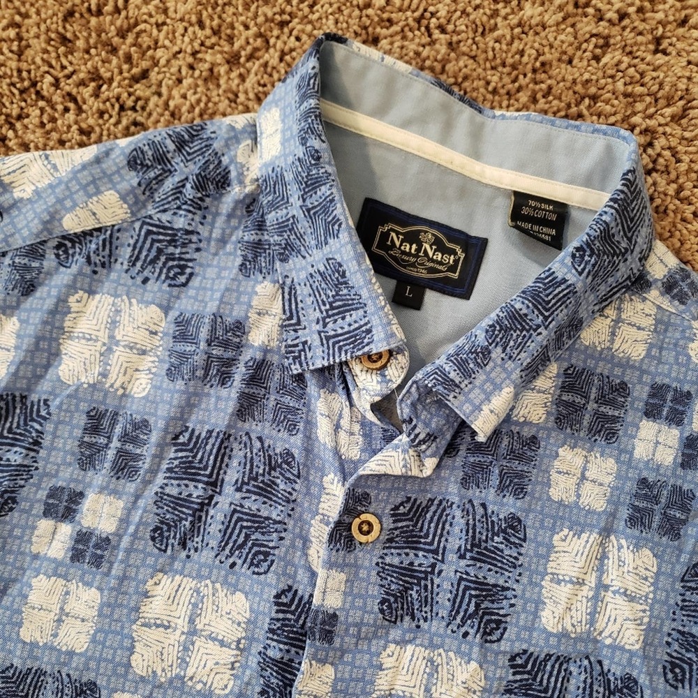 nat nast silk blend patterned button up short sleeve shirt blue mens L